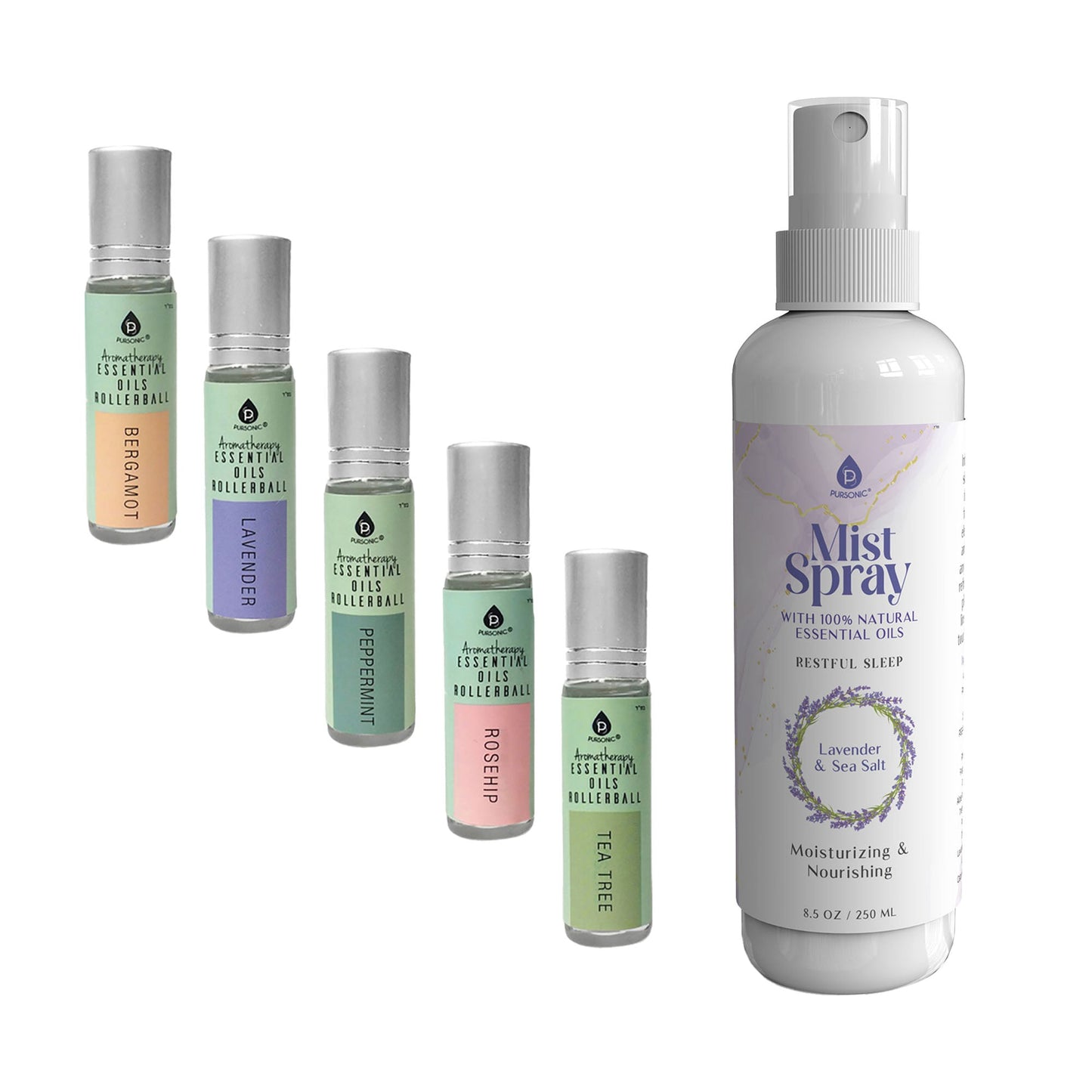 Pursonic Lavender & Sea Salt Mist Spray + 5-Pack Essential Oil Rollerball Set for Daily Wellness & Aromatherapy